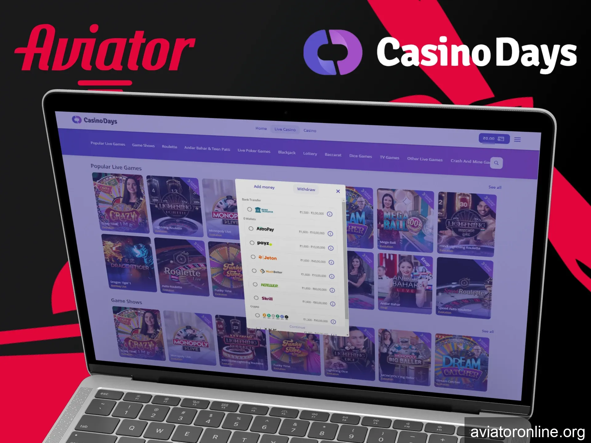 At Casino Days you can play Aviator game and withdraw your winnings.