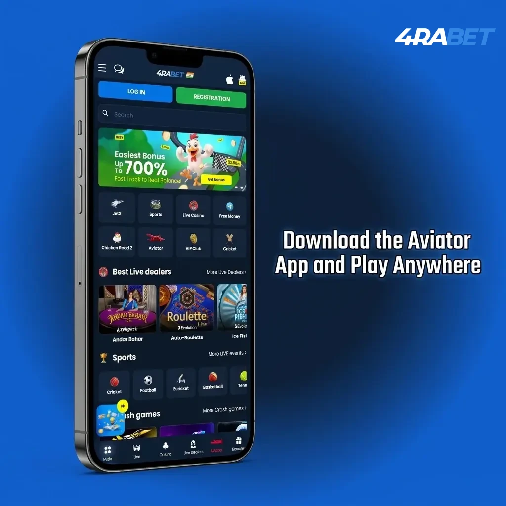 Aviator mobile app download screen showing Android and iOS install options for playing anywhere in India